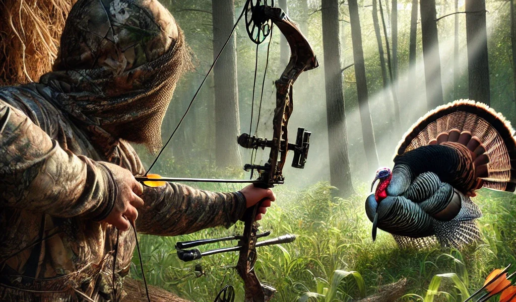 hunting turkey with a bow, archery tackle includes realistic decoys, popup blind, on public land