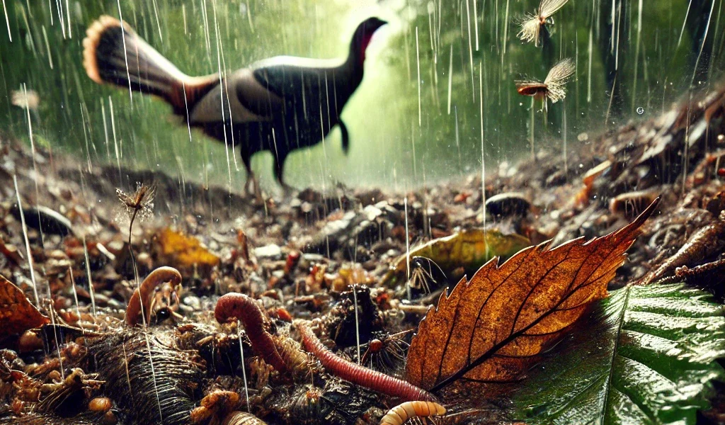 an image of turkey hunting in the rain near earthworms